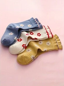 5 Pairs Of Cute Floral Crew Socks For Toddlers, Soft And Comfortable Breathable Children's Socks For Girls Wearing In All Seasons