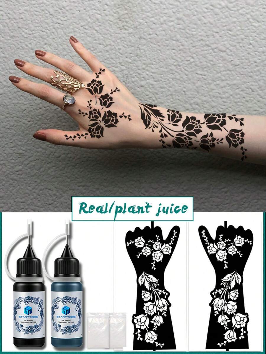 2pcs Hollow Tattoo Stencils + 2pcs Body Painting Crayons Set, Skin Art Supplies, Rose Vine Pattern For Arm, Wrist, Body Painting, Temporary Waterproof Fake Tattoo Template, Unisex