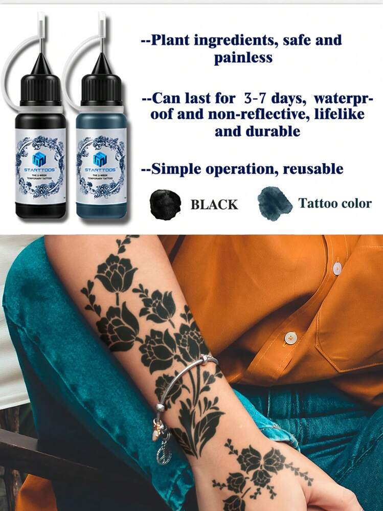 2个镂空纹身模板+2支人体彩绘蜡笔套装，皮肤艺术用品，玫瑰藤蔓图案，适用于手臂、手腕、身体彩绘，临时防水假纹身模板，男女通用 - 彩色 - 查看 5