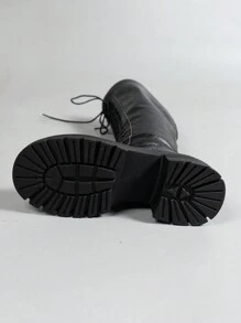 Women's Back Zipper Lace-Up Thick Sole Knee-High Boots, High-End Leather Vacation Boots For Autumn/Winter - Black - View 9