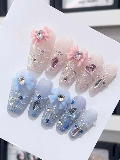 10pcs Long Press-On Nails For Valentine's Day, Coffin Nails,Hand-Painted Ice Translucent Romantic Ballet Nail Tips With Glossy Finish, Long Length, Blue And Pink Color Tone, Suitable For Parties And Gatherings - Reusable Nail Forms For Women And Girls Pink Nail Blue Nail Fake Nails Nails Art Press On Long Nails Nail Supplies Nail Charms, Comes With 1 Jelly Gel And 1 Shaping Strip