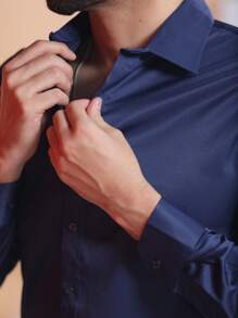 Long Sleeve Dress Shirt Does Not Wrinkle Easily - Màu xanh hải quân - Xem 3