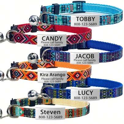 Customizable Boho Style Cat Collar - Soft Pattern Pet Collar With Engraved ID Tag, Adjustable Outdoor Pet Accessory, Perfect Gift For Kittens And Adult Cats, Personalized Pet Decoration