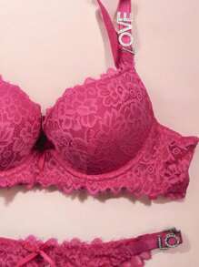 Beautiful B Cup Bra With Thong Coordinate, Floral Design And Lace Details, Adjustable Straps, LOVE Phrase, Various Colors, Premium Quality. - 粉色 - 查看 2