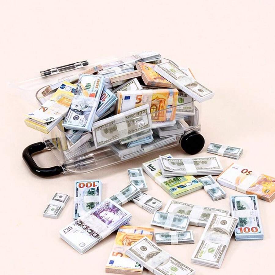 Scatola + Soldi giocattolo in miniatura - Repliche in miniatura di banconote realistiche di Dollari USA, Euro, Sterline, accessori per case delle bambole, giocattoli alimentari, consapevolezza del denaro, decorazione per feste, atmosfera da bar, oggetti di scena, oggetti di scena per film, oggetti di scena per spettacoli di magia
