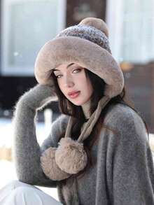 1 件女式流苏针织毛绒绒球帽，温暖厚实的防风护耳帽，可爱的街头服饰优雅复古休闲时尚，适合大头围，适合户外散步、滑雪、骑自行车、旅行、派对和日常使用 - MM1925 - 查看 3