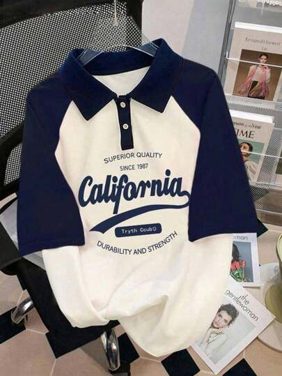 青少年女孩短袖 Polo 衫，夏季新款宽松印花 T 恤，适合年龄较大的青少年女孩，适合返校的休闲装