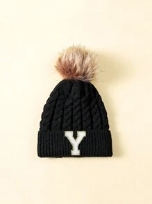 1 件儿童字母设计冬季毛绒球帽 - 黑色 - 查看 61