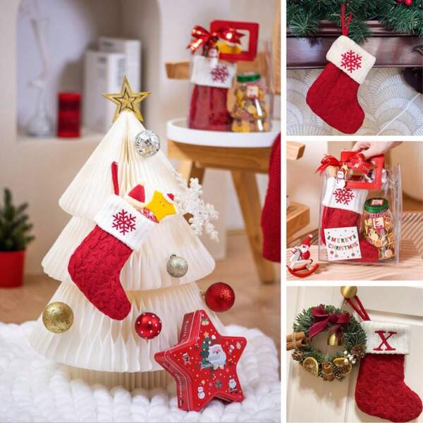 1 pieza Medias navideñas exquisitas y adorables con diseño de letras, ornamento decorativo para el árbol de Navidad, calcetín de punto, decoración navideña, bolsa para dulces