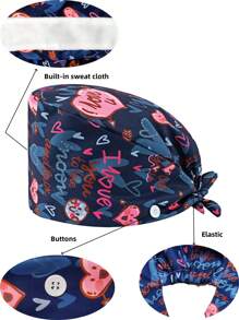 1 pieza Gorro de enfermera con estampado de carta de amor de poliéster para mujeres, antibacteriano y antipolvo, diseño de correa elástica ajustable, banda transpirable interior, gancho para la mascarilla, adecuado para médicos, enfermeras, salón de belleza, veterinaria y trabajadores de limpieza