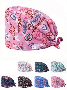 1 pieza Gorro de enfermera con estampado de carta de amor de poliéster para mujeres, antibacteriano y antipolvo, diseño de correa elástica ajustable, banda transpirable interior, gancho para la mascarilla, adecuado para médicos, enfermeras, salón de belleza, veterinaria y trabajadores de limpieza