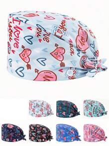 1 pieza Gorro de enfermera con estampado de carta de amor de poliéster para mujeres, antibacteriano y antipolvo, diseño de correa elástica ajustable, banda transpirable interior, gancho para la mascarilla, adecuado para médicos, enfermeras, salón de belleza, veterinaria y trabajadores de limpieza