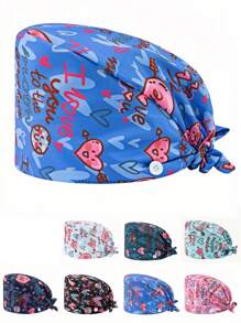 1 pieza Gorro de enfermera con estampado de carta de amor de poliéster para mujeres, antibacteriano y antipolvo, diseño de correa elástica ajustable, banda transpirable interior, gancho para la mascarilla, adecuado para médicos, enfermeras, salón de belleza, veterinaria y trabajadores de limpieza