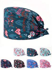 1 pieza Gorro de enfermera con estampado de carta de amor de poliéster para mujeres, antibacteriano y antipolvo, diseño de correa elástica ajustable, banda transpirable interior, gancho para la mascarilla, adecuado para médicos, enfermeras, salón de belleza, veterinaria y trabajadores de limpieza