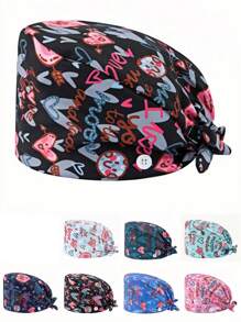 1 pieza Gorro de enfermera con estampado de carta de amor de poliéster para mujeres, antibacteriano y antipolvo, diseño de correa elástica ajustable, banda transpirable interior, gancho para la mascarilla, adecuado para médicos, enfermeras, salón de belleza, veterinaria y trabajadores de limpieza