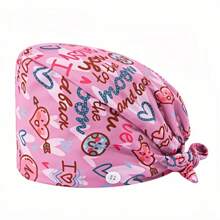 1 pieza Gorro de enfermera con estampado de carta de amor de poliéster para mujeres, antibacteriano y antipolvo, diseño de correa elástica ajustable, banda transpirable interior, gancho para la mascarilla, adecuado para médicos, enfermeras, salón de belleza, veterinaria y trabajadores de limpieza
