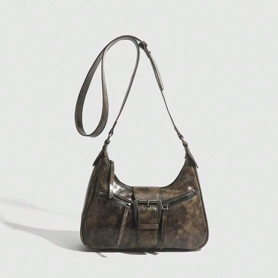 美拉德腋下包女新款复古女包单肩包斜挎包J时尚新月包 - 棕色 - 查看 1