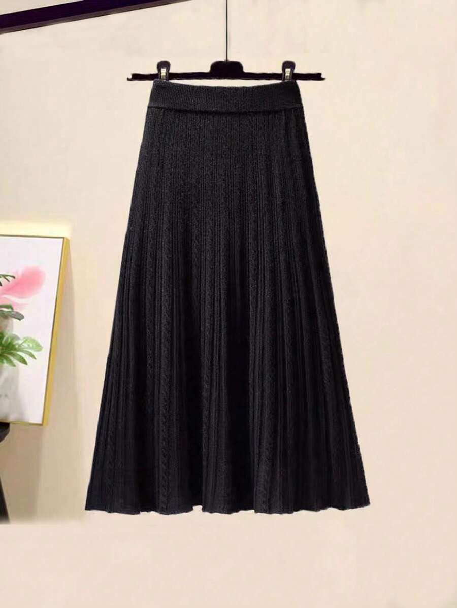 High Waist Knitted Skirt For Women - Flared Long Sweater Dress,Sleeveless, College Style - Black - View 1