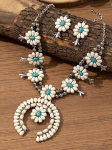 1 Set de Collar y aretes de estilo bohemio occidental vintage con forma exagerada de calabaza y media luna, hechos a mano con cuentas de CCB y aleación de zinc con turquesa, adecuado para outfits de otoño/invierno, uso diario y festividades