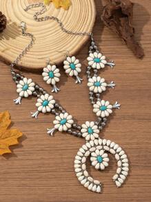 1 Set de Collar y aretes de estilo bohemio occidental vintage con forma exagerada de calabaza y media luna, hechos a mano con cuentas de CCB y aleación de zinc con turquesa, adecuado para outfits de otoño/invierno, uso diario y festividades