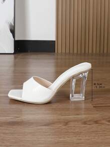 Women's Square Toe Mule Sandals Crystal Asymmetric Design White Chunky High Heeled Shoes - White - View 6