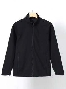 Zippered Pocket Standing Collar Outdoor Single Layer Hooded Windbreaker Jacket - Black - View 11