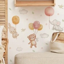 SURELIFE Cute Balloon Animal Wall Decals For Kids Room And Nursery, Bear, Rabbit, Elephant Flying Balloon Wall Stickers, Removable Adhesive Baby Bedroom Wall Decor, Cloud Bird Macaron Color Aesthetic Damage-Free Wall Art - Multicolor - View 7