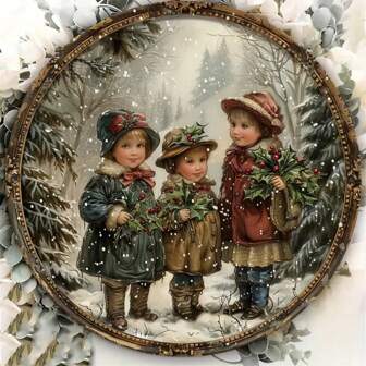 1pc, 8x8 Inch Round Metal 2D Printed Victorian Winter Scene Metal Sign, Vintage Holiday Wall Art, Suitable For Bedroom, Living Room, Fireplace, Holiday Decor, Unique Christmas Gift, Craft Tools And Supplies Seasonal Decoration, Random Hole Position