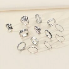 Juego de 13 anillos de diseños surtidos que incluyen hongos, gatitos, serpientes, retorcidos y con forma de corazón para damas - Multicolor - Ver 10