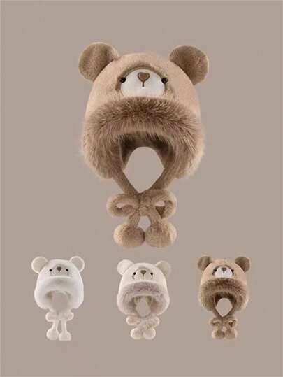 Plush Teddy Bear Hat, Cute In Autumn And Winter, Showing Off Face, Small Windproof, Warm, Ear Protection, Versatile Pullover Hat