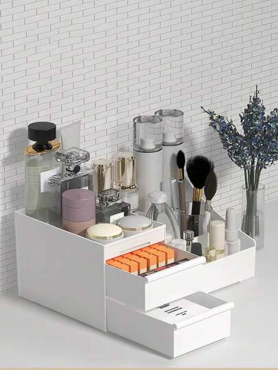 1pc Stylish Makeup Organizer With Drawer, Elegant Cosmetics Countertop Storage Solution, Perfect For Skin Care Essentials, Eye Shadow, Lipstick, Nail Polish, Ideal For Holiday Gifting, Christmas, Thanksgiving, New Year, Valentine's Day, Enhance Your Beauty Routine With Chic Organization, Maximize Space And Minimize Clutter, Perfect For Home Or Travel Use, And Functional Design For Every Makeup Lover, Must-Have Accessory For Seasonal Celebrations And Everyday Glam.