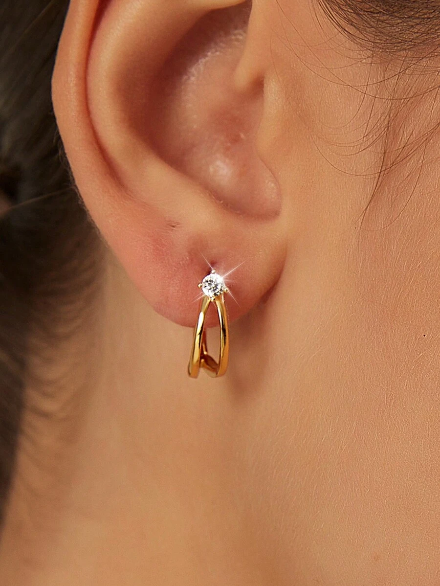 Artepollo 1 Cặp bông tai vòng đôi chống dị ứng bằng bạc Sterling 925, khảm đá Zirconia sáng bóng, đi kèm hộp quà tặng, thích hợp làm quà tặng vào các ngày lễ hoặc dịp đặc biệt, dành cho vợ/chồng, mẹ, bạn bè, người lớn tuổi - Vàng - Xem 1
