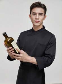 New Fashion Chef Workwear, Classic Black Unisex Long Sleeve, High-End Hotel Kitchen, Western Restaurant, Bakery, Cafe Uniform. Skin-Friendly, Comfortable, Thicker Fabric, Durable, Wrinkle-Resistant, Quick-Drying, Breathable, Diagonal Front Buttons, Improved Overall Quality, Horseshoe Cuff Design, Flexible Wearing