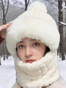 1pc Women Knitted Warm Hat Scarf Set, Thermal Lined Ski Mask Ear Muff, Windproof Cycling Skiing Outdoor Winter Headwear For Daily Use