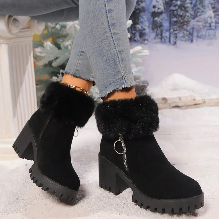 2024 New Black High Heel Side Zipper Short Snow Boots - Black - View 1