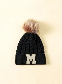1 件儿童字母设计冬季毛绒球帽 - 黑色 - 查看 19