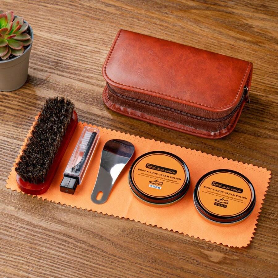 7 件套马毛鞋刷和鞋油套装，黑色和无色，皮鞋清洁和护理套装，沙发和家居家具清洁工具 - 彩色 - 查看 1