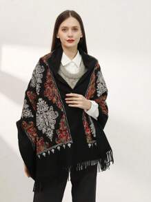 1pc Embroidered Shawl, Boho Style Faux Cashmere Warm Large Shawl, Luxurious Heavy-Duty Holiday Scarf/Cape For Going Out & Traveling, Winter - Multicolor - View 5