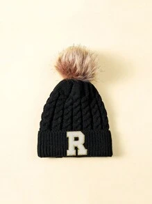 1 件儿童字母设计冬季毛绒球帽 - 黑色 - 查看 24