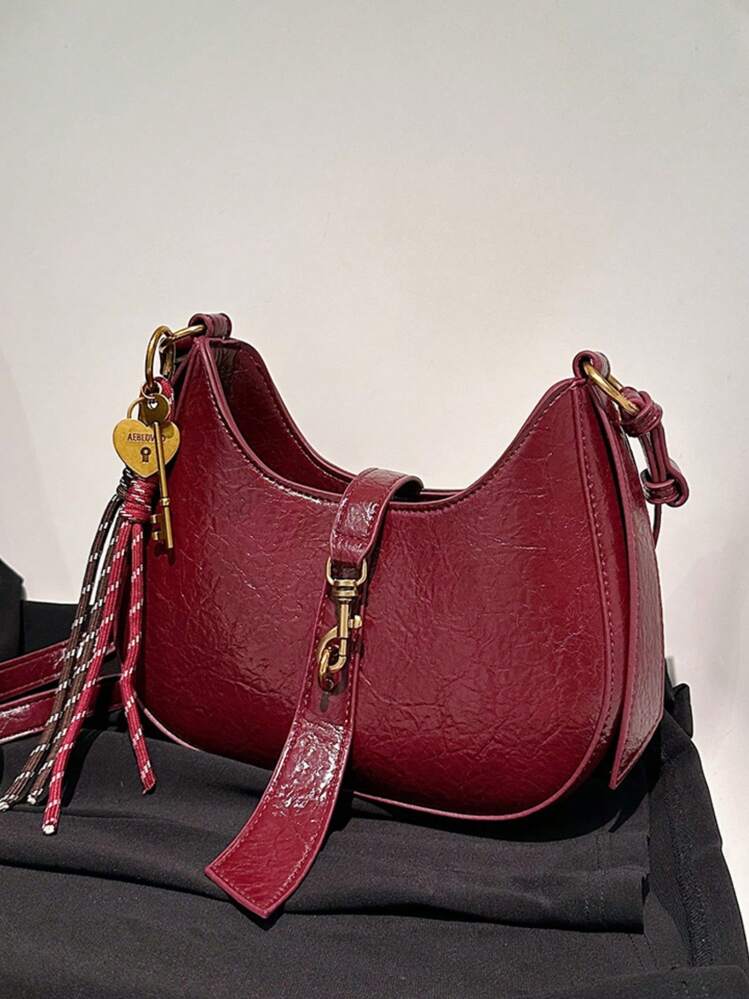 Small Handbag For Women, Retro Style Shoulder/Hand Bag With Pendant, Fashionable For Autumn/Winter - Burgundy - View 5