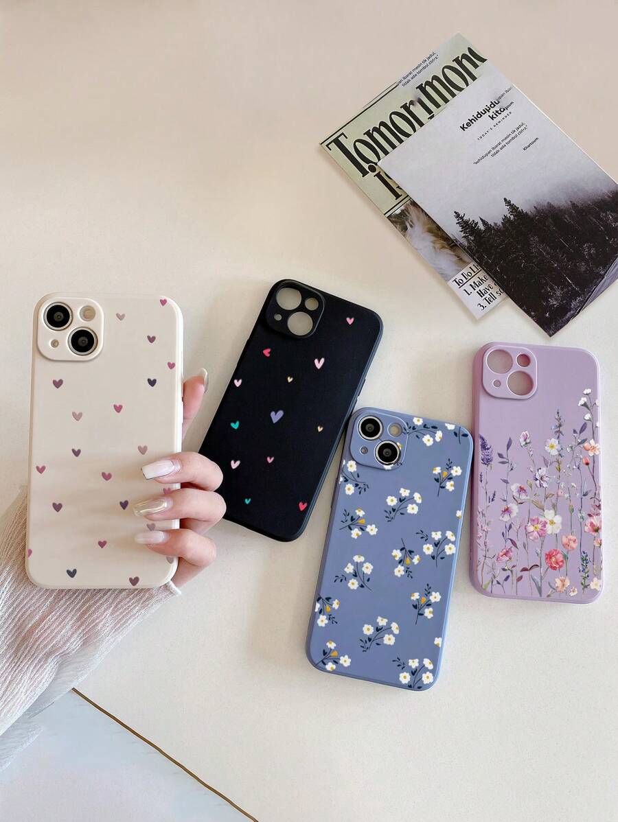 防震花卉元素时尚夏季苹果4件套糖果色花朵爱心图案手机壳，兼容，防水防摔防刮，春季礼物，国际版，非国内版 - 彩色 - 查看 1