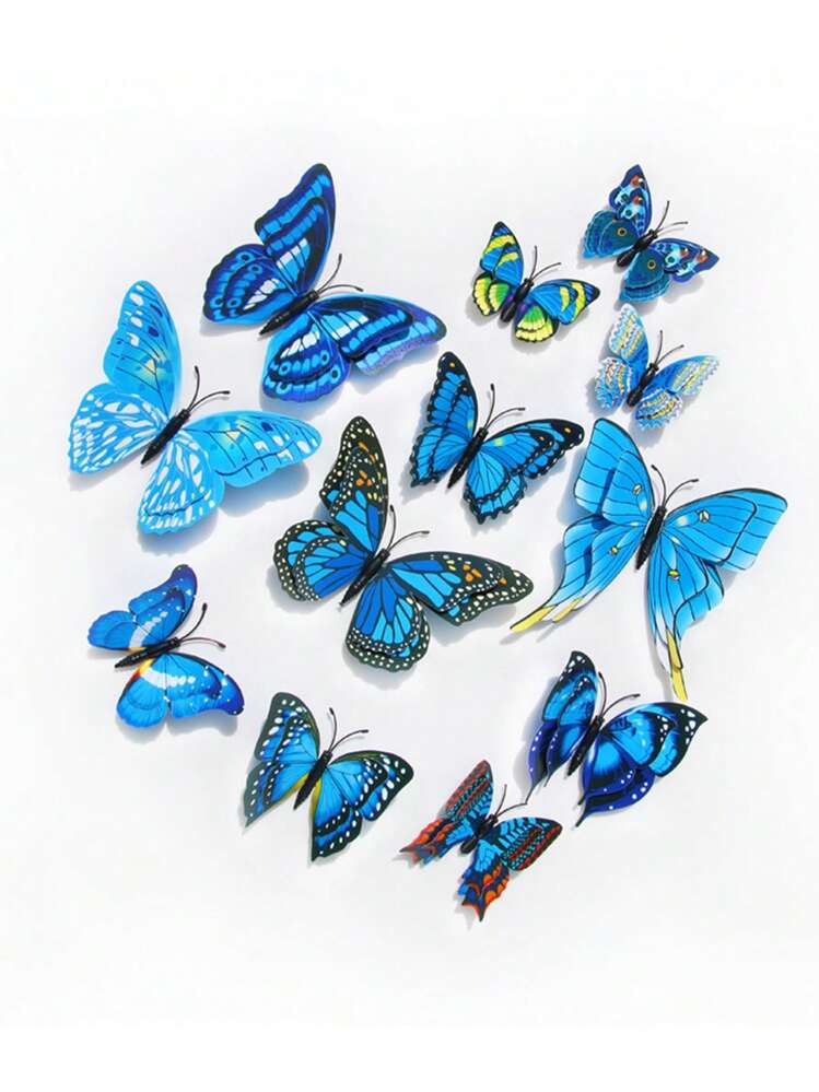 12pcs 3D Colorful Double-Layer Wings PVC Simulated Butterfly Refrigerator Magnet Set, Artificial Butterfly Wall Stickers For Home Decoration, Cute Cake Decoration, Party Supplies, Creative Design Butterfly Sticker For Holiday And Party - Multicolor - View 12