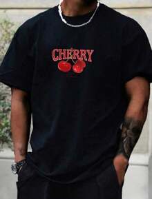 Men's 100% Cotton T-Shirt Cherry Print Premium Shirt Round Neck Short Sleeve Blouse New Arrival - 黑色 - 查看 1