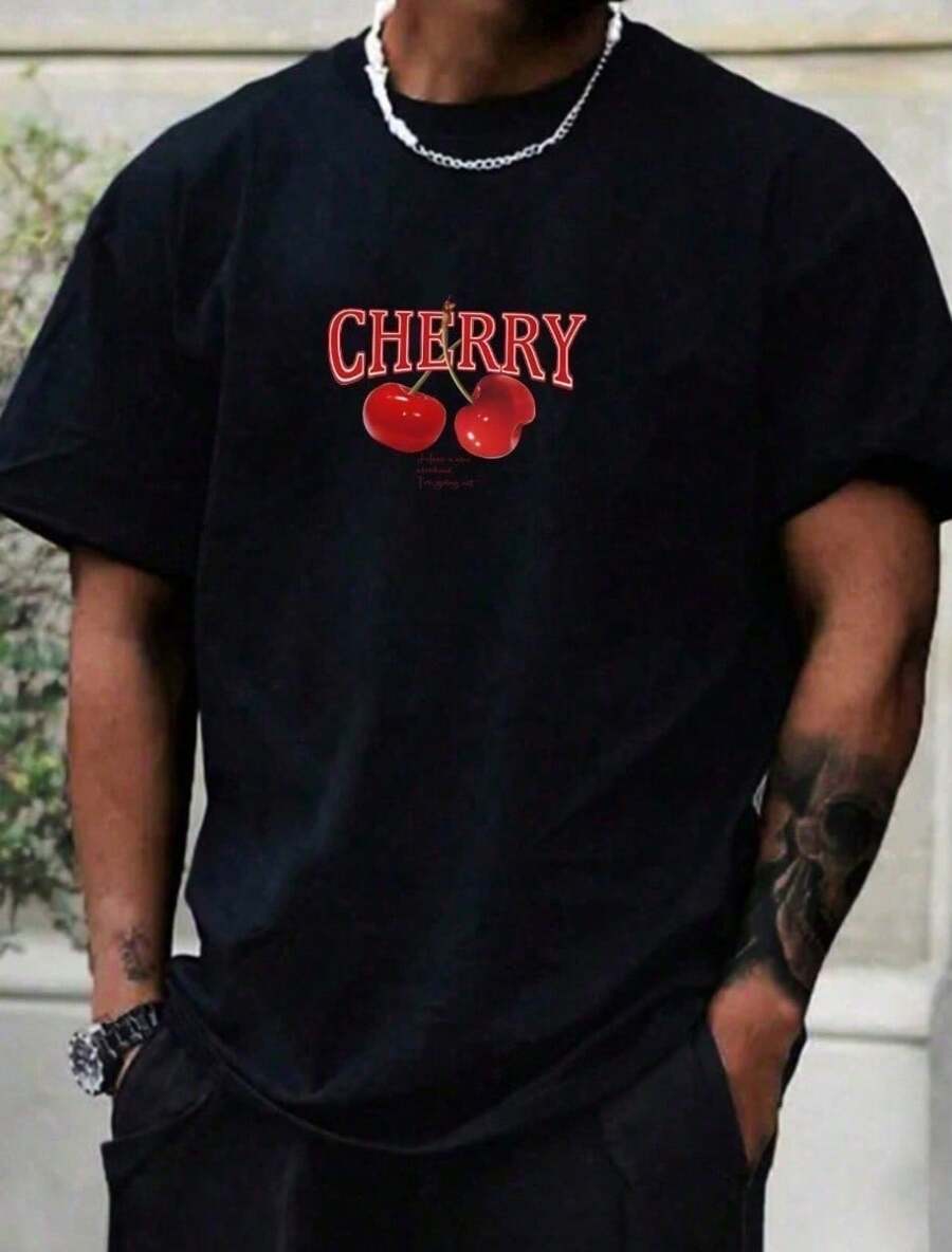 Men's 100% Cotton T-Shirt Cherry Print Premium Shirt Round Neck Short Sleeve Blouse New Arrival - 黑色 - 查看 1