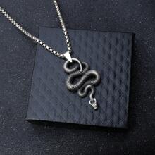 男女通用嘻哈不锈钢蛇形吊坠项链，凶猛蛇眼设计，适合蛇年 - 復古銀色 - 查看 1