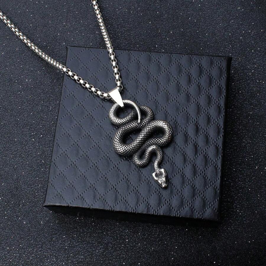 男女通用嘻哈不锈钢蛇形吊坠项链，凶猛蛇眼设计，适合蛇年 - 復古銀色 - 查看 1