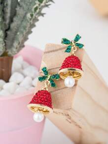 1 对时尚圣诞系列绿色蝴蝶结红色铃铛白色珍珠锆石铜耳环 - 款式1 - 查看 2