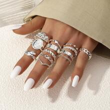 Juego de 13 anillos de diseños surtidos que incluyen hongos, gatitos, serpientes, retorcidos y con forma de corazón para damas - Multicolor - Ver 12