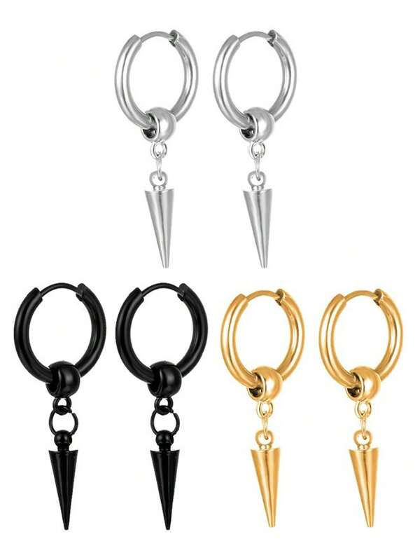 1 Pair Minimalist Stainless Steel Cone Earrings, Round Dangle Ear Clips Studs, Holiday Gift For Men & Women