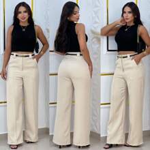 Wide Leg Tailored Dress Pants With Thin Belt - 奶油色 - 查看 3